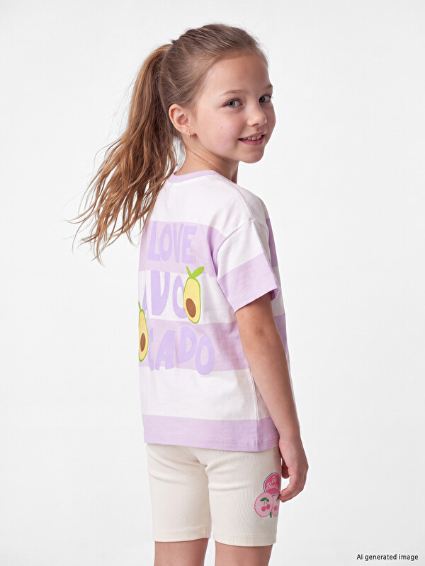 LCW Kids Bisiklet Yaka Çizgili Baskılı Kız Çocuk Tişört