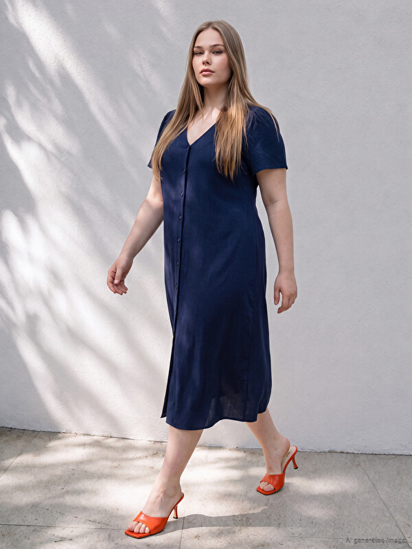 LCWAIKIKI Curve Plus Size V Neck Buttoned Dress