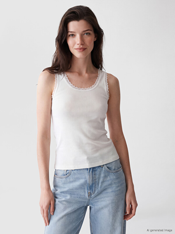 LCW Comfort U Neck Lace Detailed Women's Ribbed Tank Top