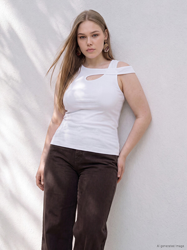 LCWAIKIKI Curve Plus Size Asymmetrical Collar 100% Cotton Blouse