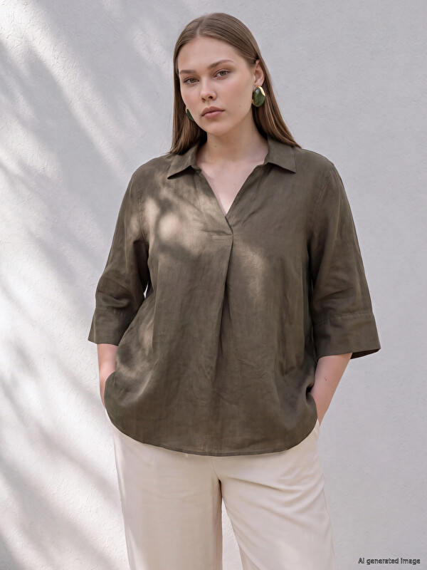 LCW Curve Plus Size %100 Linen Women's Shirt