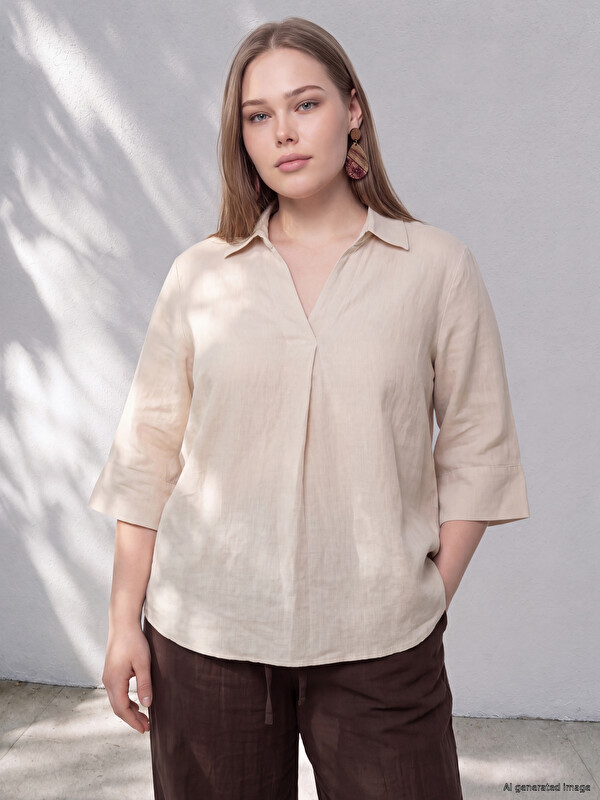 LCW Curve Plus Size %100 Linen Women's Shirt