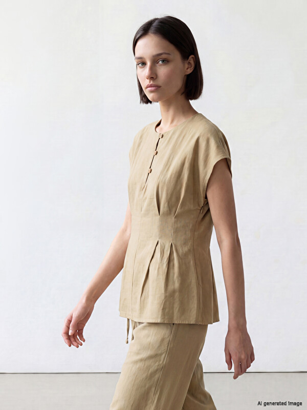 LCW Comfort Bisiklet Yaka Pileli Peplum Bluz