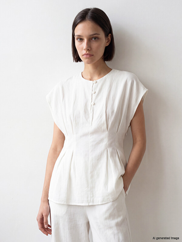 LCW Comfort Crew Neck Pleated Peplum Blouse