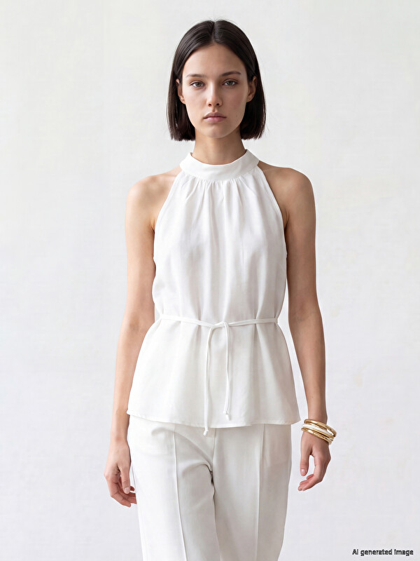 LCW Comfort Halter Yaka Beli Kuşaklı Oversize Bluz