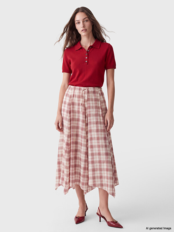 LCW Modest Elastic Waist Plaid Asymmetric Skirt