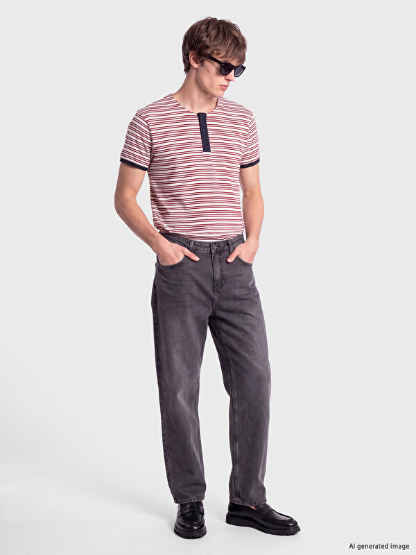 XSIDE Henley Yaka Çizgili Erkek Tişört