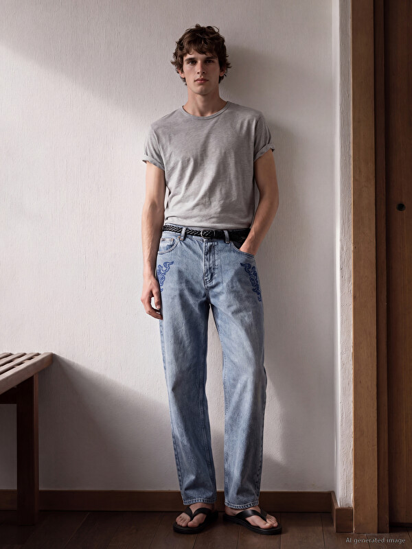 XSIDE Loose Fit Nakışlı Erkek Jean Pantolon