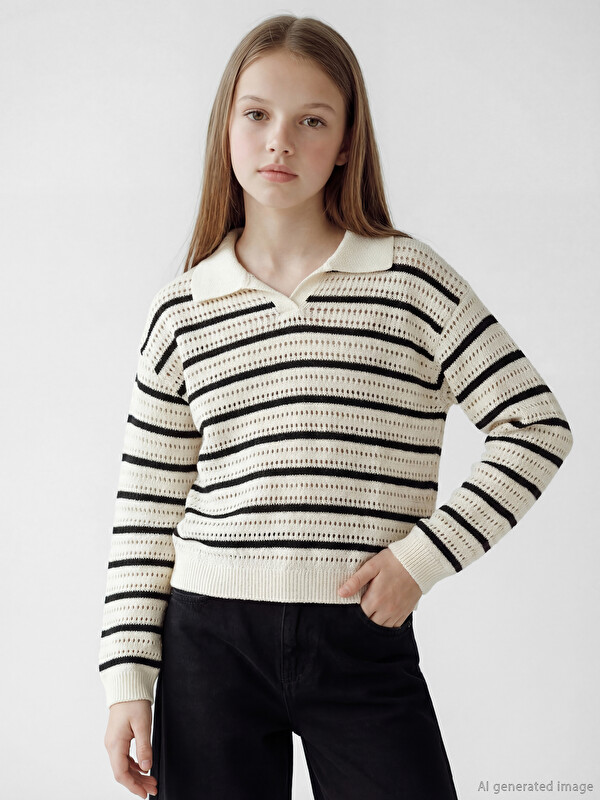 LCW Kids Crew Neck Hole-Knitted Girls' Knitwear Sweater