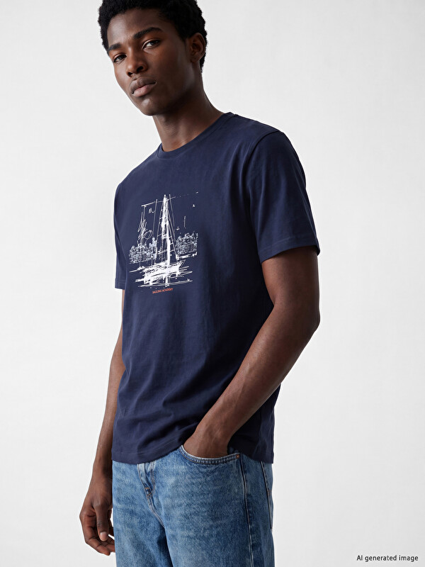 XSIDE Tricou pentru Bărbați din Jerseu Imprimat cu Guler Rotund