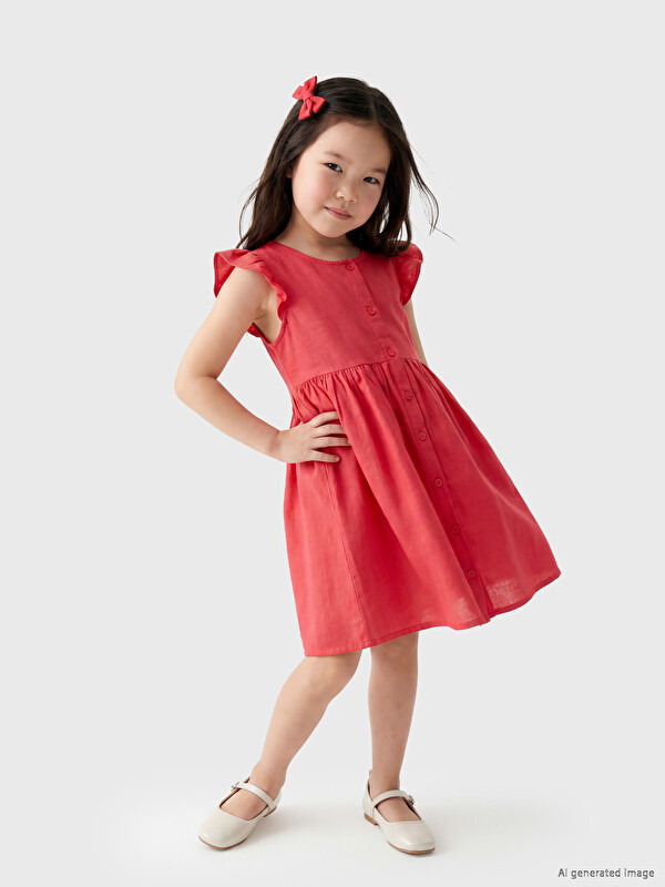 LCW Kids Pleated Girls' Linen-Look Shirt Dress