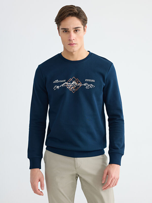 LCWAIKIKI Classic Bisiklet Yaka Baskılı Erkek Kalın Sweatshirt