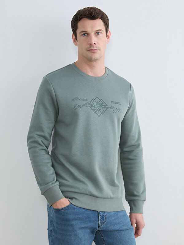 LCWAIKIKI Classic Bisiklet Yaka Baskılı Erkek Sweatshirt