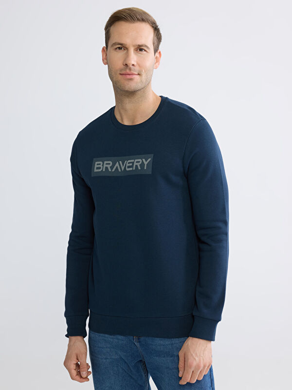 LCWAIKIKI Classic Bisiklet Yaka Baskılı Erkek Kalın Sweatshirt