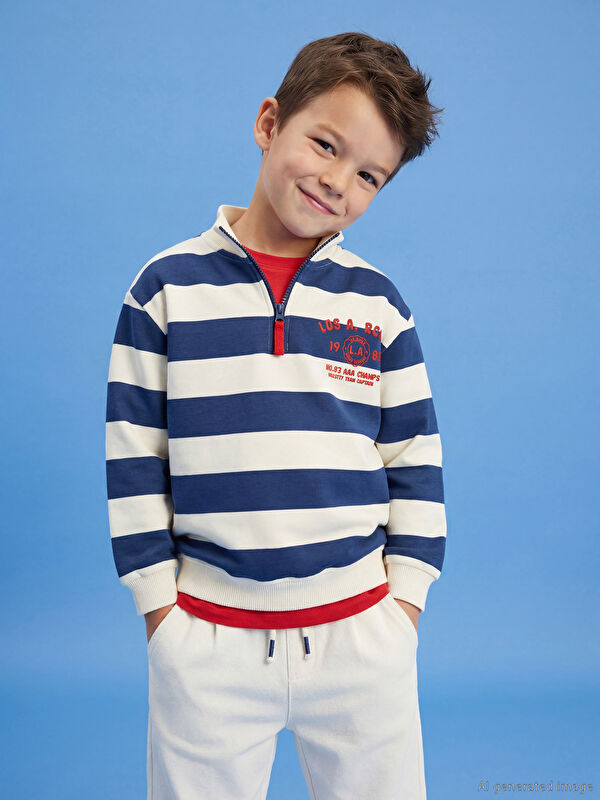 LCW Kids Dik Yaka Çizgili Erkek Çocuk Sweatshirt