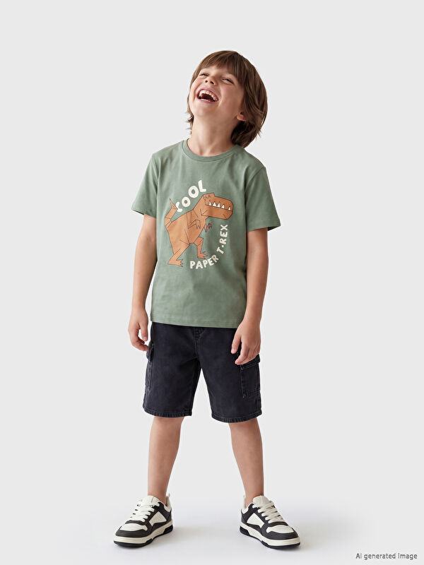 LCW Kids Bisiklet Yaka Dinozor Baskılı Erkek Çocuk Tişört
