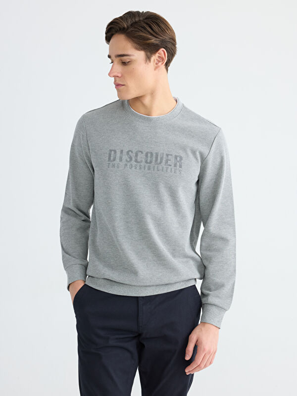 LCWAIKIKI Classic Bisiklet Yaka Baskılı Erkek Sweatshirt