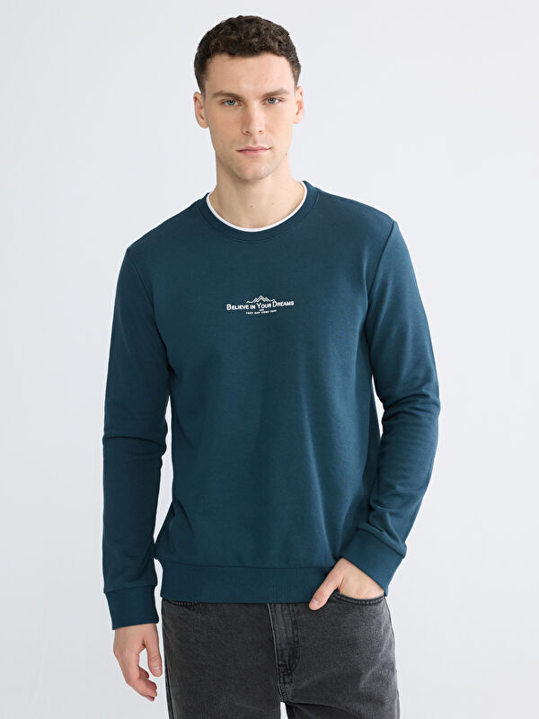 LCWAIKIKI Classic Bisiklet Yaka Baskılı Erkek Sweatshirt