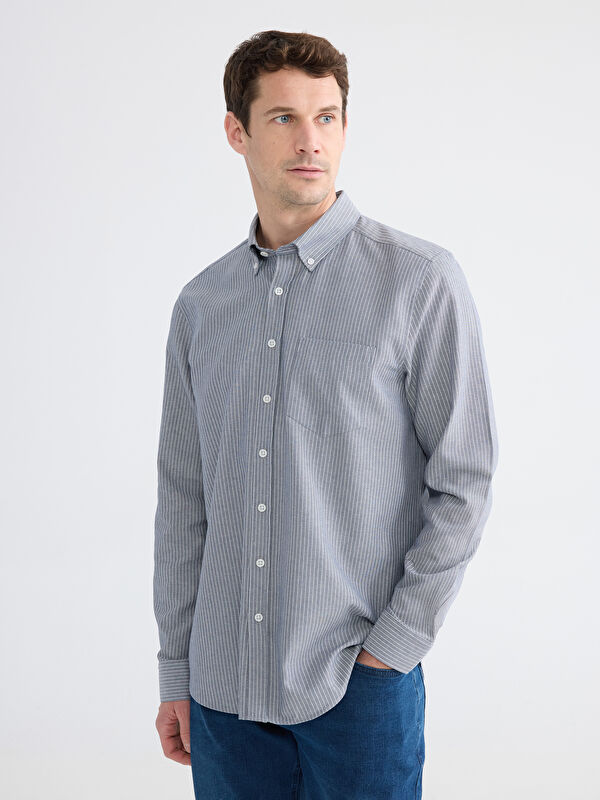LCWAIKIKI Classic Regular Fit Çizgili Keten Görünümlü Erkek Gömlek
