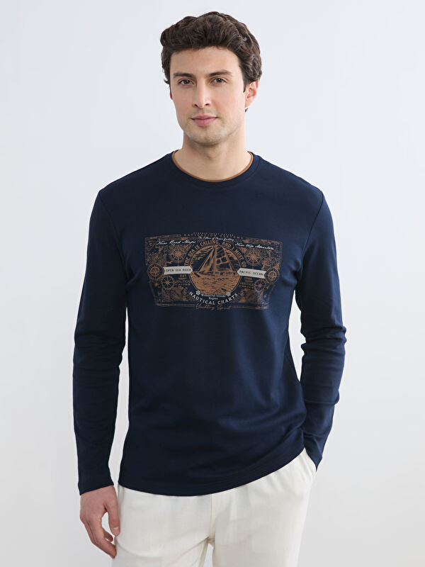 LCWAIKIKI Classic Bisiklet Yaka Baskılı Erkek Sweatshirt