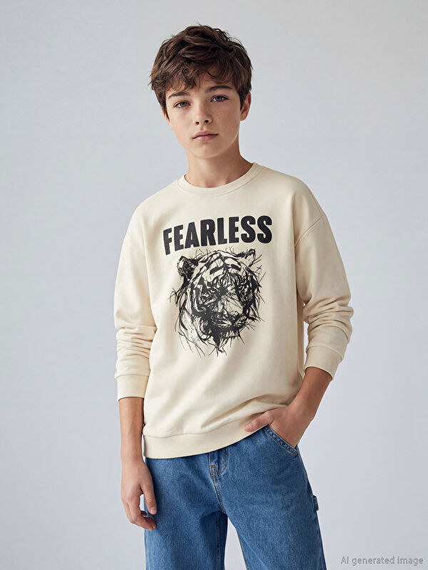 LCW Kids Bisiklet Yaka Baskılı Erkek Çocuk Sweatshirt