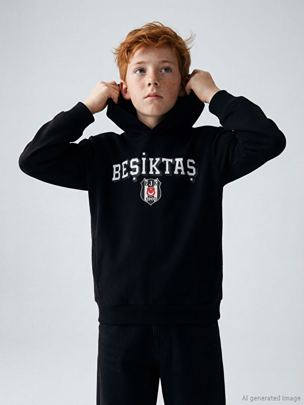 LCW Kids Kapüşonlu Beşiktaş Baskılı Erkek Çocuk Sweatshirt