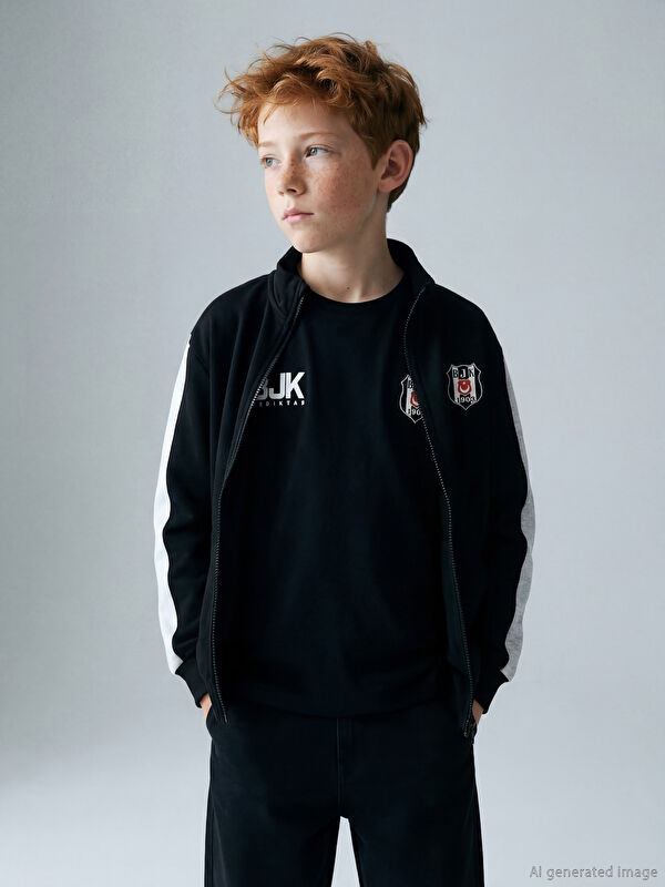 LCW Kids Dik Yaka Beşiktaş Baskılı Erkek Çocuk Fermuarlı Sweatshirt