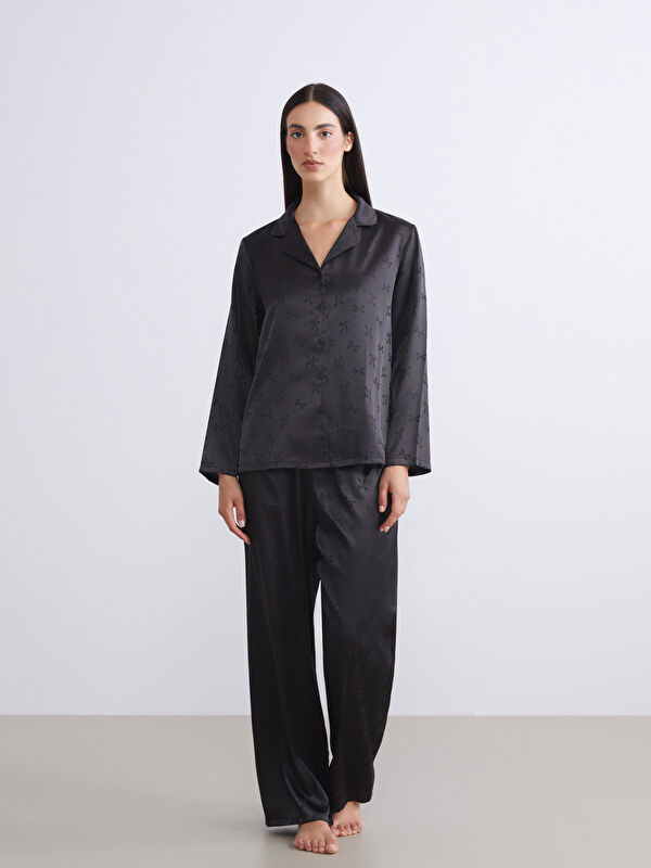 LCW DREAM Gömlek Yaka Fiyonklu Saten Kadın Pijama Takımı