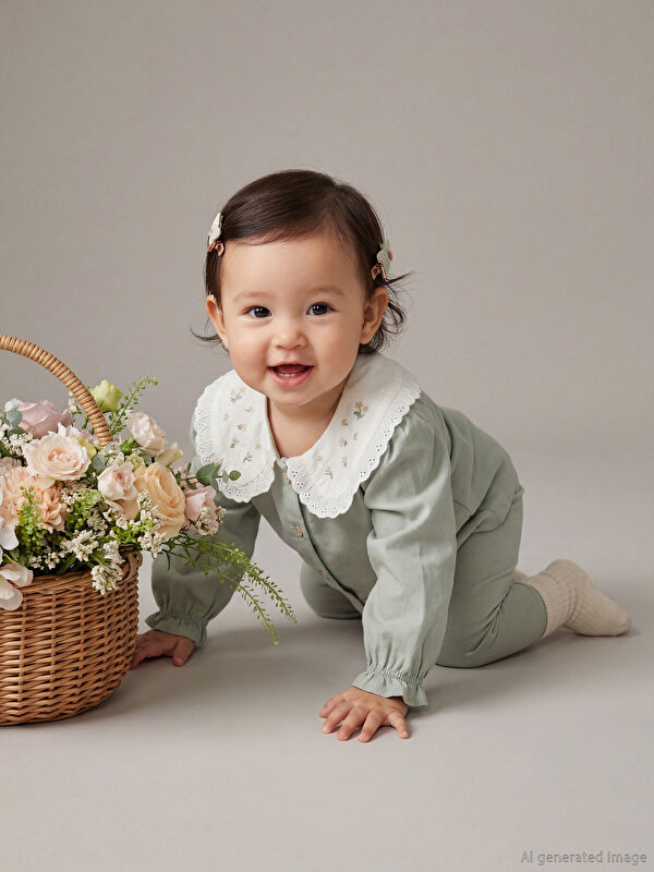 LCW baby Bebe Yaka Nakışlı Uzun Kollu Kız Bebek Takım