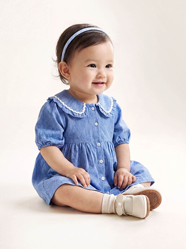 LCW baby Nakışlı Bebe Yaka Kareli Kız Bebek Elbise