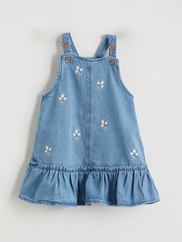 LCW baby Kare Yaka Çiçek Nakışlı Kız Bebek Jean Salopet
