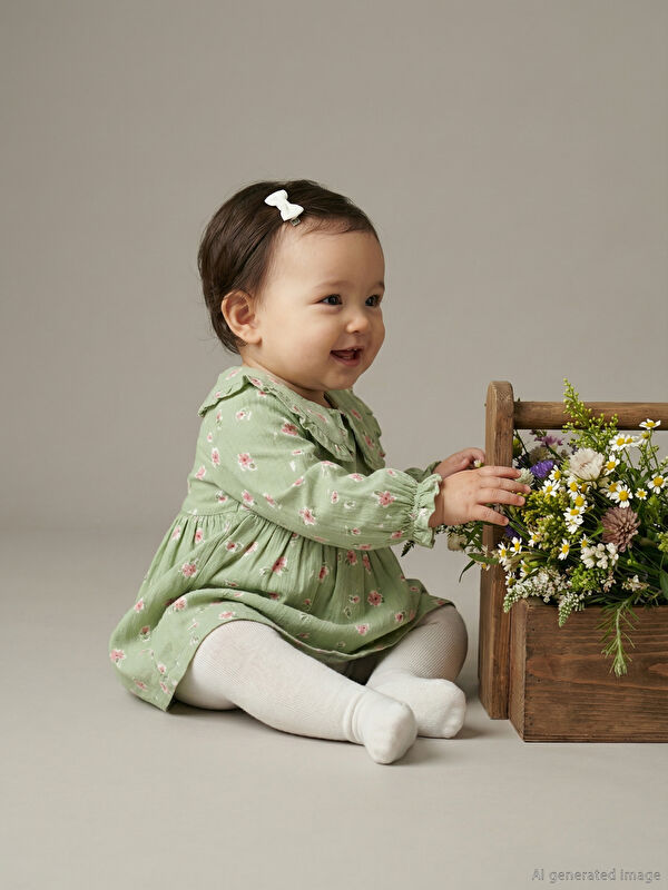LCW baby Bebe Yaka Çiçekli Müslin Kız Bebek Elbise