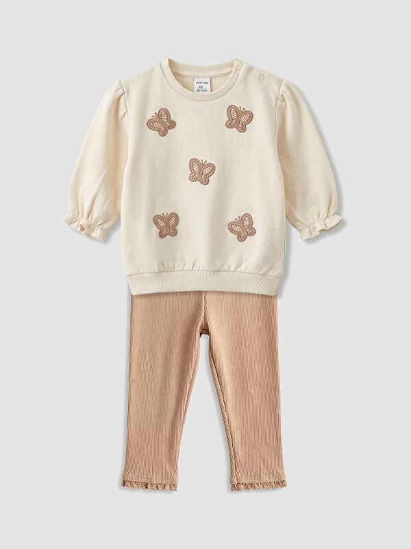 LCW baby Butterfly Embroidered Baby Girl Sweatshirt and Leggings