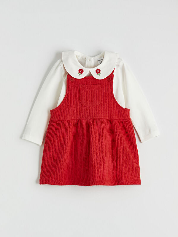 LCW baby Bebe Yaka Nakışlı Kız Bebek Bluz ve Salopet Elbise