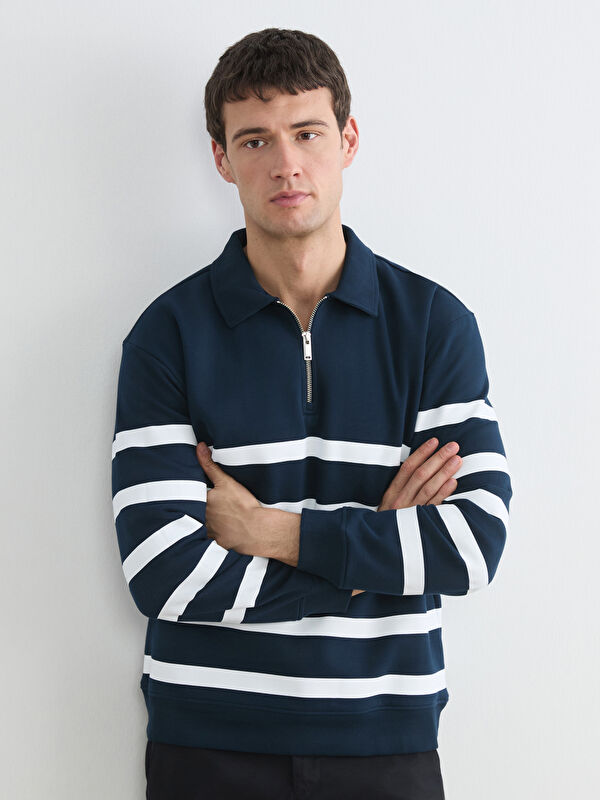 LCW Vision Polo Yaka Çizgili Erkek Kalın Sweatshirt