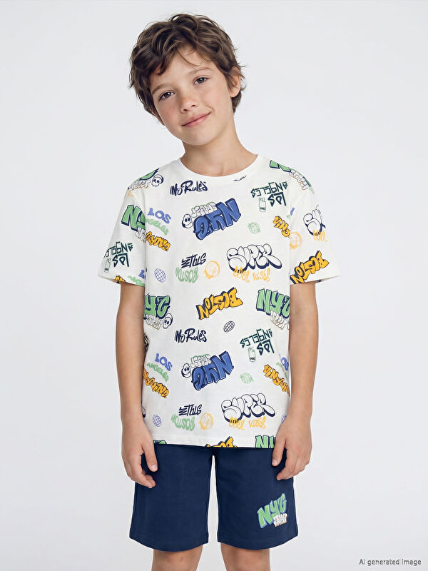 LCW Kids Bisiklet Yaka Erkek Çocuk Şortlu Pijama Takımı