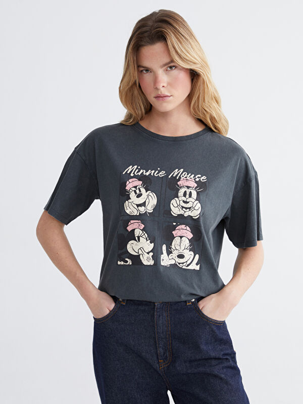 LCW Comfort Minnie-Maus-Druck Rundhalsausschnitt T-Shirt für Damen