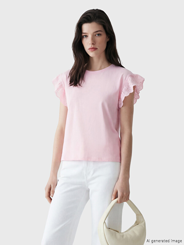 LCW Comfort Bisiklet Yaka Dantel Detaylı Bluz