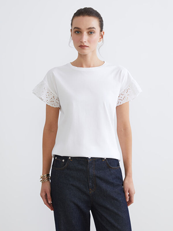 LCW Comfort Crew Neck Lace Detailed Blouse