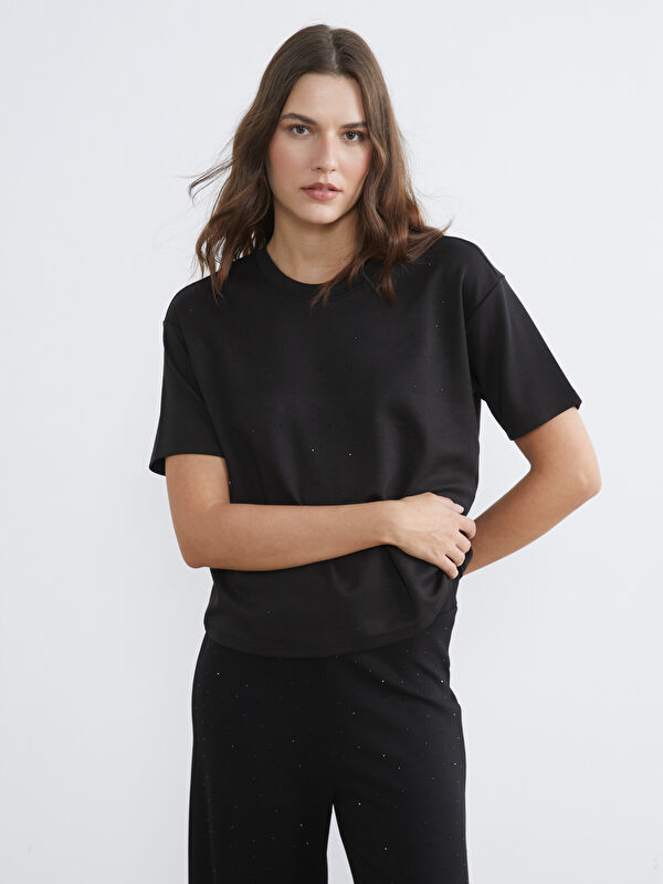LCW Comfort Crew Neck Rhinestone Embellished Soft Touch Women's T-Shirt