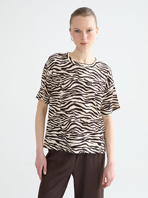 LCW Comfort Leopardenmuster-Bluse mit Rundhalsausschnitt