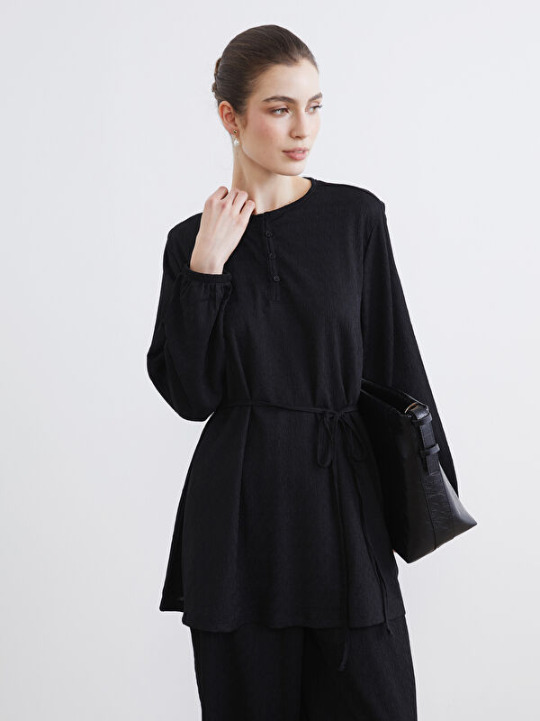 LCW Modest Crew Neck Patterned Tunic with Waist Tie