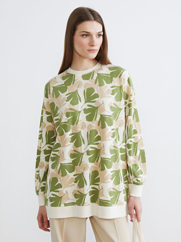 LCW Modest Patterned crew neck sweatshirt tunic for women.