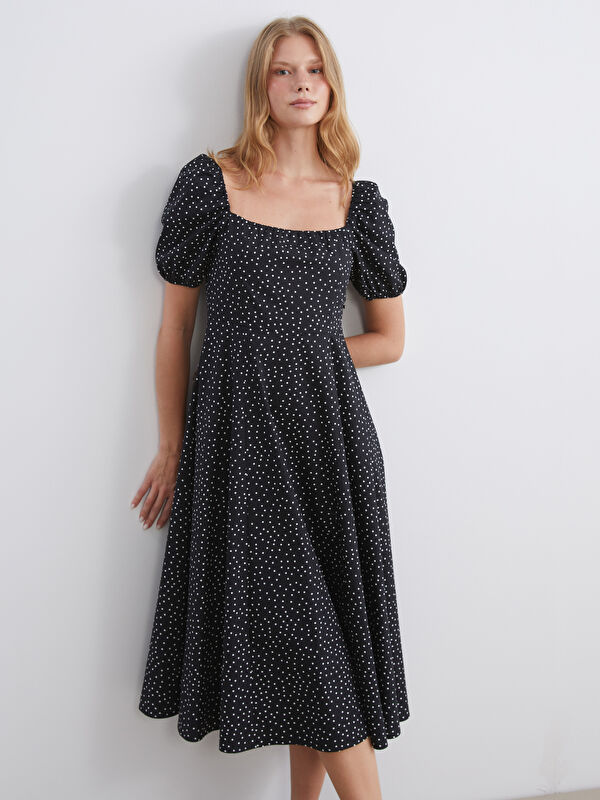 XSIDE Polka Dot Puff Sleeve Fitted Waist Midi Women's Dress