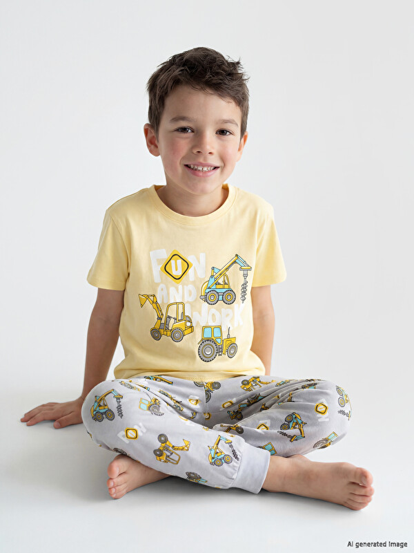 LCW Kids Bisiklet Yaka Baskılı Erkek Çocuk Pijama Takımı