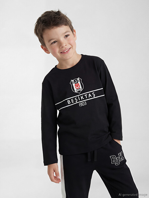 LCW Kids Siyah Bisiklet Yaka Beşiktaş Baskılı Erkek Çocuk Pijama