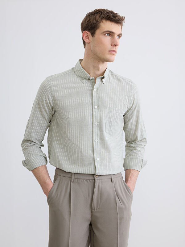 LCWAIKIKI Classic Regular Fit Çizgili Erkek Keten Karışımlı Gömlek