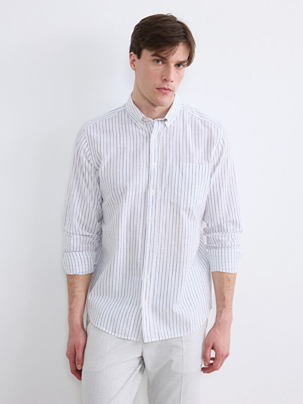 LCWAIKIKI Classic Regular Fit Çizgili Erkek Keten Karışımlı Gömlek