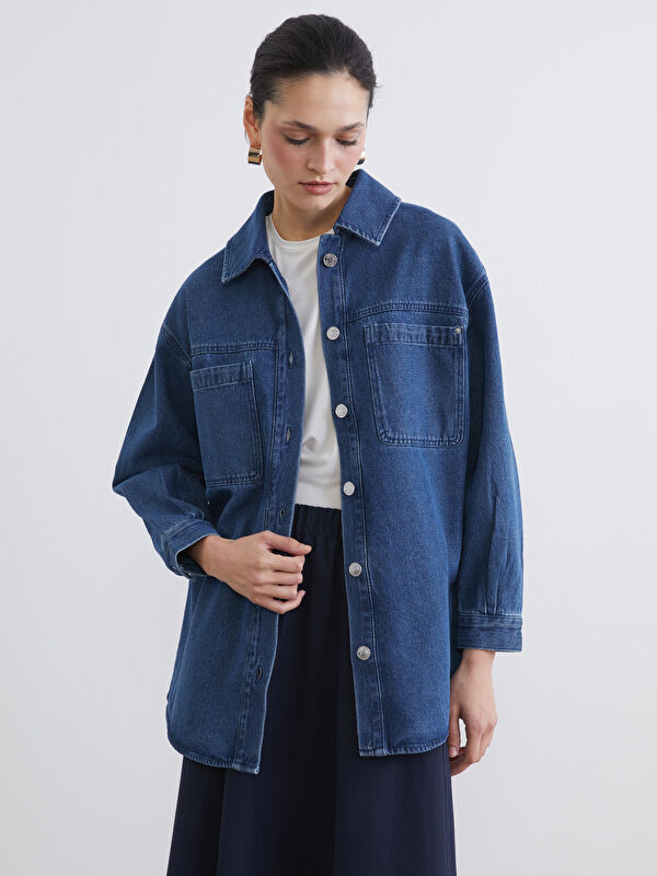 LCW Modest Women's Denim Jacket with Shirt Collar