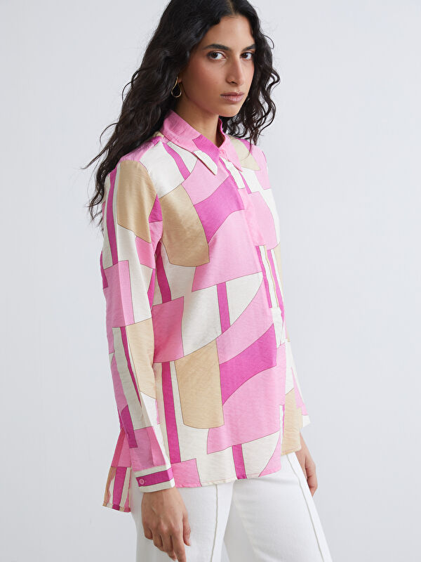 LCW Modest Collared blouse with a patterned design.